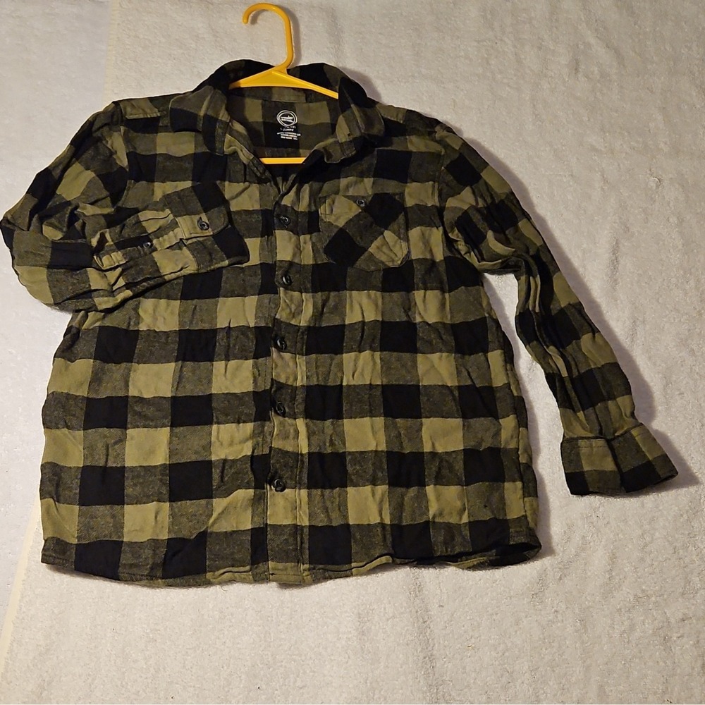 Wonder Nation Boys L (10-12) Husky Black Olive Plaid Long Sleeve Button-Up Shirt